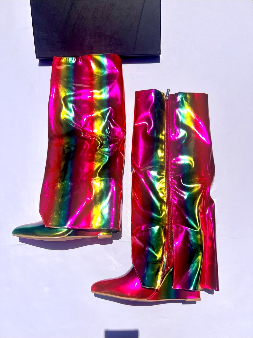 Metallic Rainbow Knee-High Wedge Boots. Multi-Color Striped Patent Leather - EDC